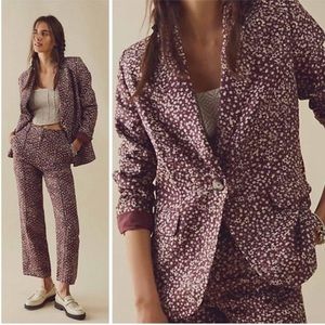 NWT Free People Maggie Brown Floral Linen Blazer Jacket and Pants Suit Set